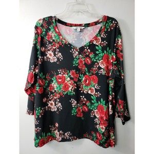 The Pioneer Woman 2X Black Red Flowers 3/4 Sleeve V-Neck Tunic Stretch top